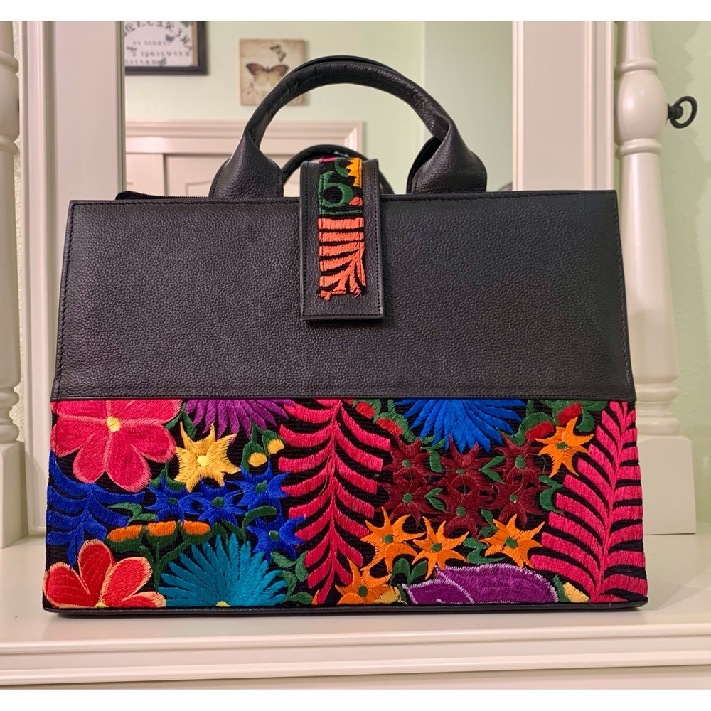 NEW Embroidered Duffel Bag. Black Leather
